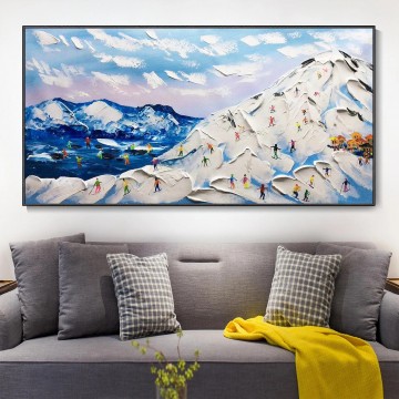 Impressionism Painting - Skier on Snowy Mountain Wall Art Sport White Snow Skiing Room Decor by Knife 14